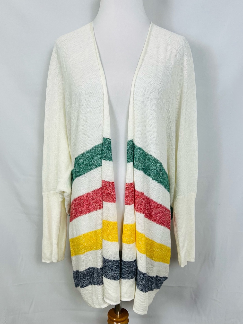 100% Linen Stripes Open Front Cream Women's Sweater Cardigan